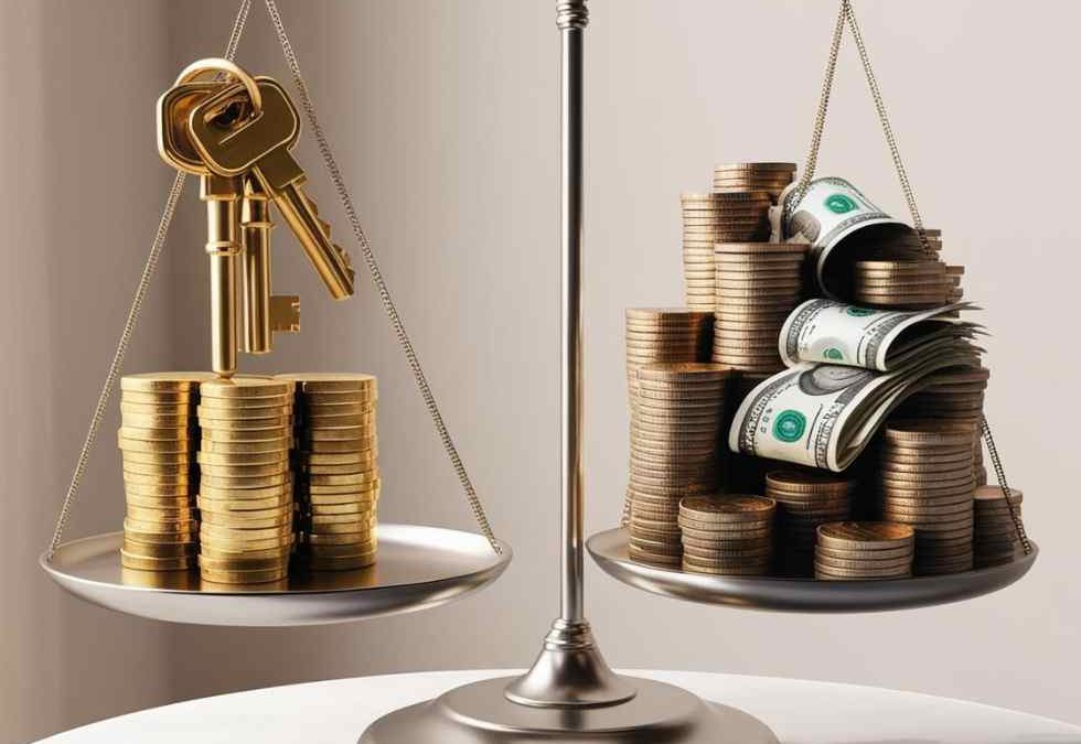 Un'immagine simbolica che rappresenta l'equilibrio tra investimenti (chiavi dorate) e ritorno economico (monete e banconote). Ideale per temi legati a finanza, investimenti immobiliari, gestione patrimoniale e business.